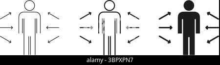 Figura umana con linee frecce e set di icone continue. Spazio personale, influenza e interazione contorno e simbolo di silhouette. Dinamiche sociali e. Illustrazione Vettoriale
