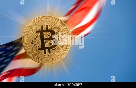 Bitcoin sovrapposto a sventolare bandiera americana Foto Stock