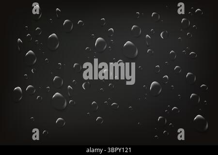 Gocce d'acqua realistiche sulla superficie nera. Texture bagnata lucida, ideale per pubblicità di bevande, cosmetici o sfondi spettacolari. Illustrazione Vettoriale