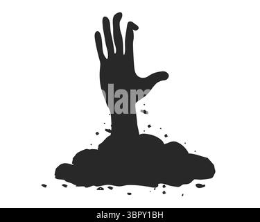 Clipart di Halloween con la silhouette nera di una mano che si solleva da terra. Spaventoso e spaventoso. Silhouette a mano inquietante. Illustrazione vettoriale Illustrazione Vettoriale