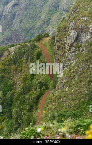 Ripidi campi di patate coltivati su suolo vulcanico rosso negli altopiani di Anaga a Tenerife Foto Stock