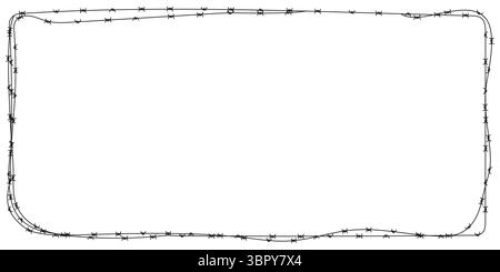 Telaio con bordo rettangolare in filo spinato. Vettore sagoma con riempimento nero per prigione, zona di guerra, area limitata o concetto di pericolo. Design di sicurezza in metallo affilato Illustrazione Vettoriale