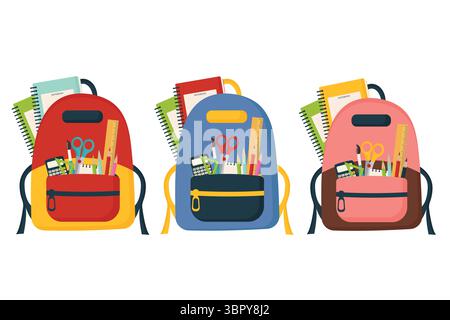 Zaini Back to School con illustrazione vettoriale del set di cancelleria. Illustrazione Vettoriale