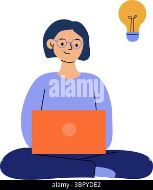 donna seduta davanti a un notebook sullo sfondo di una lampadina accesa, illustrazione sulla generazione e il lancio di un'idea aziendale Illustrazione Vettoriale