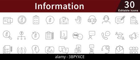 Icone delle linee modificabili delle informazioni impostate per i concetti dati, conoscenza, comunicazione e accesso digitale Illustrazione Vettoriale