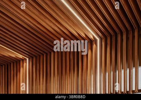 Dettaglio architettonico astratto di linee convergenti create da spranghe in legno su parete e soffitto. L'illuminazione a LED integrata mette in risalto la situazione. Foto Stock