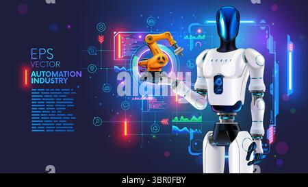 Robot di lavoro per la gestione DELL'INTELLIGENZA ARTIFICIALE in fabbrica. Robot umanoide con intelligenza artificiale o IA controlla i bracci robotici in fabbrica o in produzione. Industria 4,0 Illustrazione Vettoriale