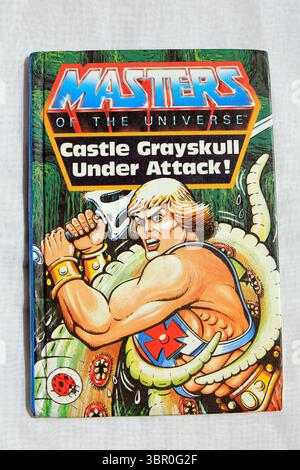 Fotografia dell'edizione Ladybird di He-Man, Masters of the Universe - Castle Greyskull sotto attacco. Configurazione studio. Copertina del libro usata su sfondo bianco Foto Stock