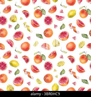 Motivo senza cuciture con acquerello raffigurante pompelmo e limone e arancio con fiori bianchi. Stampa dipinta a mano con ramoscello di agrumi con verde Foto Stock