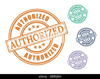 Un set di etichette approvato e autorizzato, vettore con timbro in gomma Grunge Illustrazione Vettoriale