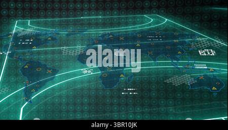 Proiezione di una mappa olografica del mondo nella console digitale, con icone triangolari gialle e linee ciano. Futuristica, tecnologica, visualizzazione dei dati, virtuale Foto Stock