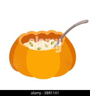 Piatto di zucca. Set vettoriale di piatti con zucca matura fresca, marmellata, torta alla frutta, zuppa. Cibo tradizionale per il giorno del Ringraziamento in autunno. L'autunno è pronto per halloween Illustrazione Vettoriale