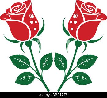 Coppia simmetrica di rose rosse con gocce di rugiada, simbolo d'amore floreale vettoriale Illustrazione Vettoriale