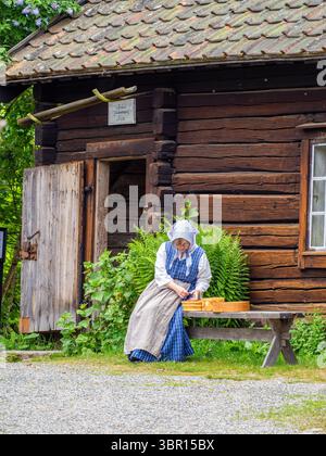 Sodertalje, Svezia - 6 giugno 2025: Una donna in abito tradizionale svedese siede su una panchina all'esterno di una rustica casa di legno, impegnata nella preparazione del cibo, Foto Stock