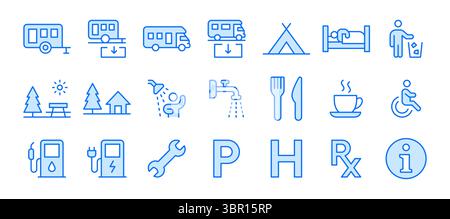 Set di icone della linea di campeggio. Parcheggio per roulotte, stazione di scarico roulotte, tenda, doccia, camper, illustrazioni vettoriali minime. Indicazioni stradali semplici Illustrazione Vettoriale