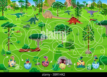Gioco labirinto per bambini. Aiuta le madri dei dinosauri a trovare le uova. Ricerca percorso labirinto, enigmi per bambini o labirinto foglio di lavoro vettoriale con diplodocus, wuerhosaurus, alectrosaurus dinosauri simpatici personaggi Illustrazione Vettoriale