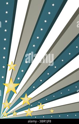 Schema astratto Starburst con raggi gradienti e stelle su sfondo blu Illustrazione Vettoriale