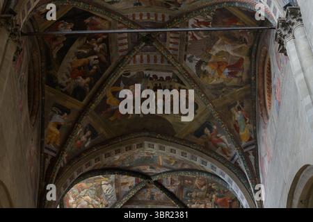 Soffitto gotico a volta con affreschi di Guillaume de Marcillat, raffigurante scene bibliche nella navata della Cattedrale di Arezzo, Toscana, Italia. Foto Stock