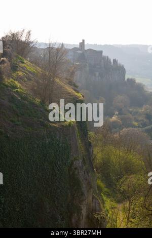 Vista panoramica di Orvieto, Italia, con torreggianti alberi, edifici tradizionali e dolci colline sullo sfondo. Foto Stock
