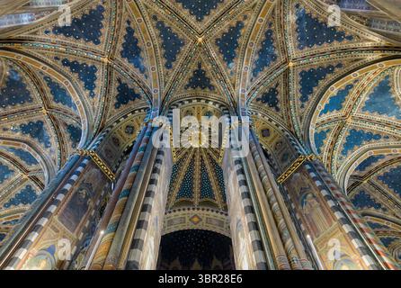 Soffitto a volta gotico dell'ambulatorio nella basilica di Sant'Antonio a Padova, in Italia, decorato con intricati affreschi che raffigurano moti religiosi Foto Stock