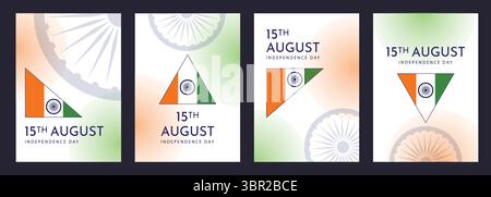 Abstract Indian Independence Day Backgrounds - 15 agosto, bandiera moderna Patriottica India disegni geometrici minimalisti 15 agosto poster celebrazione Illustrazione Vettoriale