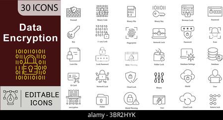 Icone di riga modificabili della crittografia dei dati impostate per Cybersecurity, Privacy e protezione sicura delle informazioni Illustrazione Vettoriale