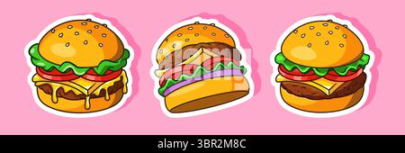 Set di adesivi Burger Vector Illustration, Isolated Cartoon Design Illustrazione Vettoriale