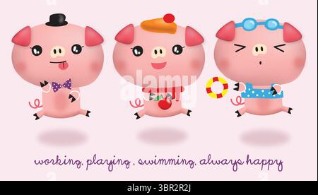 set di vettori di cartoni animati happy pig disegnati a mano Illustrazione Vettoriale