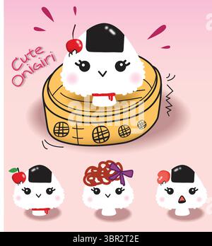 Allegro personaggio Onigiri per il set di adesivi a tema cibo per bambini Illustrazione Vettoriale