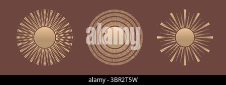 Set vettoriale vintage vintage per il cerchio estivo di lusso. Sole in stile boho, illustrazioni al tramonto Illustrazione Vettoriale