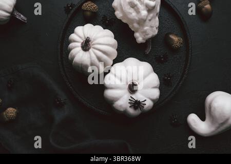 Composizione autunnale creativa piatta. Zucche e ragni su sfondo nero, vista dall'alto. Modello caduta, thanksgiving o carte di Halloween Foto Stock