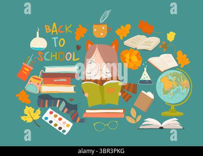 Set di cartoni animati con cute Girl e forniture scolastiche Illustrazione Vettoriale