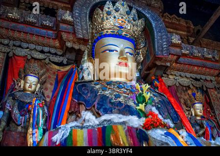 26 agosto 2011, Tibet, Cina: Statua del Buddha Maitreya all'interno del Kumbum Chorten nel monastero di Palkhor Chode a Gyantse. Monastero di Paelkhor Pelkhor Chode, Gyantse, Gyangze, Tibet, Cina. Il monastero di Pelkor Chode si trova nel nord-est di Gyantse a 3900 metri sopra il livello del mare. Il monastero di Pelkor Chode, o meglio il monastero di Palcho in lingua tibetana, significa monastero di buon auspicio. Fu costruito all'inizio del XV secolo e ci vollero 10 anni per completarlo. Perché è stato costruito quando diversi settori religiosi contrastavano collo e collo in Tibet, Sakyapa, Kadampa e Gelukpa del buddismo tibetano convivono Foto Stock