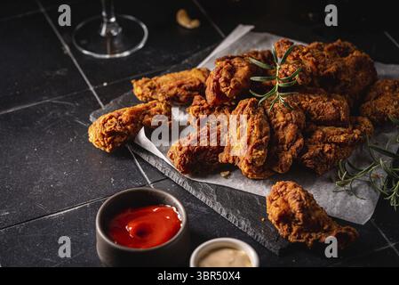 Ali di pollo in stile bufalo servite con birra fredda su sfondo scuro Foto Stock