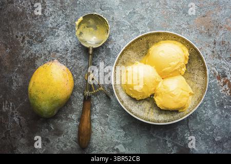 In casa mango gelato in un campo di bocce con frutta fresca su sfondo grigio scuro. vista superiore con spazio di copia Foto Stock