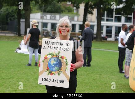 18 luglio 2020, Amsterdam, Paesi Bassi: Attivisti della ribellione animale partecipano a un'azione di protesta con lo slogan Blood on your Hands al Museumplein in mezzo alla pandemia di Coronavirus il 18 luglio 2020 ad Amsterdam, Paesi Bassi. Il movimento dei Paesi Bassi per la ribellione degli animali chiede al governo di condurre una transizione verso un sistema alimentare vegetale al fine di risolvere la crisi climatica. (Immagine di credito: © Paulo Amorim/VW Pics tramite filo ZUMA) Foto Stock