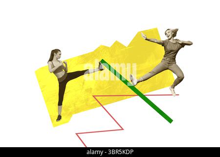 Grafica di tendenza schizzo creativo collage 3D di due giovani donne lotta karate salute attività sportiva stile di vita fitness sport esercizio dinamico Foto Stock