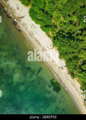 Vista aerea delle pittoresche curve di un fiume tra la vegetazione lussureggiante che sfocia nel mare, il fiume Ropotamo nella riserva naturale di Ropotamo, Strandzha M. Foto Stock