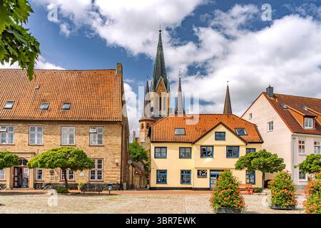 Der Rathausmarkt in der Schleswiger Altstadt und Dom St.-Petri, Stadt Schleswig, Schleswig-Holstein, Deutschland | Rathausmarkt City Hall Market at S Foto Stock