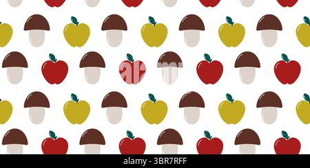Sfondo con motivo senza cuciture di frutta autunnale colorato verde e rosso dei funghi dei cartoni animati. Illustrazione vettoriale isolata carte a tema per le festività autunnali invito o banner, volantini Illustrazione Vettoriale