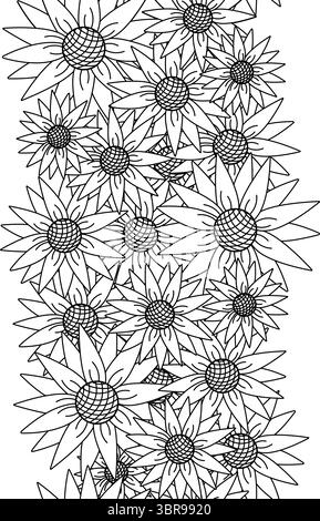 Bordo senza cuciture verticale girasole. Illustrazione della linea grafica vettoriale. design di disposizione delle ghirlande. Perfetto per carte, decorazioni, adesivi, logo, menu, Illustrazione Vettoriale