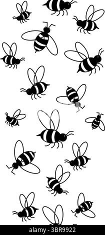 Bordo verticale senza cuciture delle api. Illustrazione della linea grafica vettoriale. Adatto per murales, confezioni regalo, tessuti e carta da parati. sfondo per banner, p Illustrazione Vettoriale
