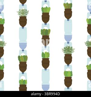Modello senza cuciture di piantatrici per bottiglie in plastica autoannaffianti su sfondo bianco. Uso secondario fatto a mano e fai da te. Giardino verticale, concetto di agricoltura urbana. Illustrazione Vettoriale