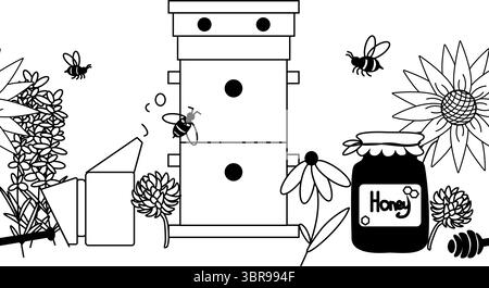 Miele, api, fiori a nido d'ape bordo orizzontale senza cuciture. Illustrazione della linea grafica vettoriale. Per poster, volantini, banner, inviti, social media, festa Illustrazione Vettoriale