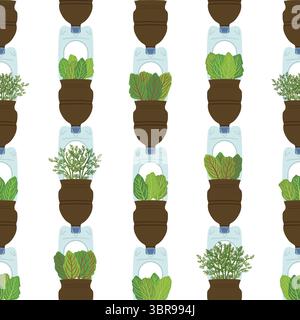 Modello senza cuciture di piantatrici per bottiglie in plastica autoannaffianti su sfondo bianco. Uso secondario fatto a mano e fai da te. Giardino verticale, concetto di agricoltura urbana. Illustrazione Vettoriale