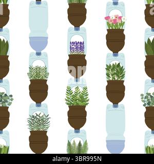 Modello senza cuciture di piantatrici per bottiglie in plastica autoannaffianti su sfondo bianco. Giardino verticale, concetto di agricoltura urbana. Illustrazione vettoriale disegnata a mano. Illustrazione Vettoriale