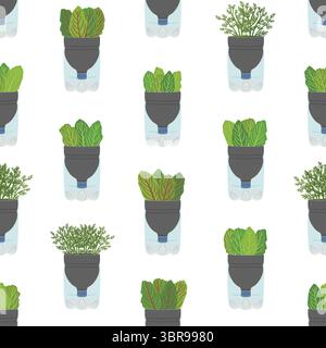 Modello senza cuciture di piantatrici per bottiglie in plastica autoannaffianti su sfondo bianco. Giardino verticale, concetto di agricoltura urbana. Illustrazione vettoriale disegnata a mano. Illustrazione Vettoriale