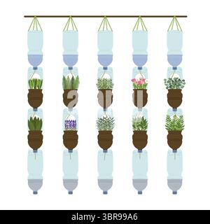 Piantatrice di bottiglie in plastica autoannaffiante su sfondo bianco. Giardino verticale, concetto di agricoltura urbana. Illustrazione vettoriale disegnata a mano. Illustrazione Vettoriale