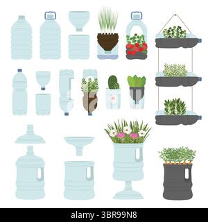 Set di piantatrici a bottiglia in plastica autoannaffianti su sfondo bianco. Uso secondario fatto a mano e fai da te. Giardino verticale, concetto di agricoltura urbana. Disegnato a mano V Illustrazione Vettoriale