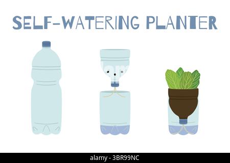 Piantatrice di bottiglie in plastica autoannaffiante su sfondo bianco. Giardino verticale, concetto di agricoltura urbana. Illustrazione vettoriale disegnata a mano. Illustrazione Vettoriale